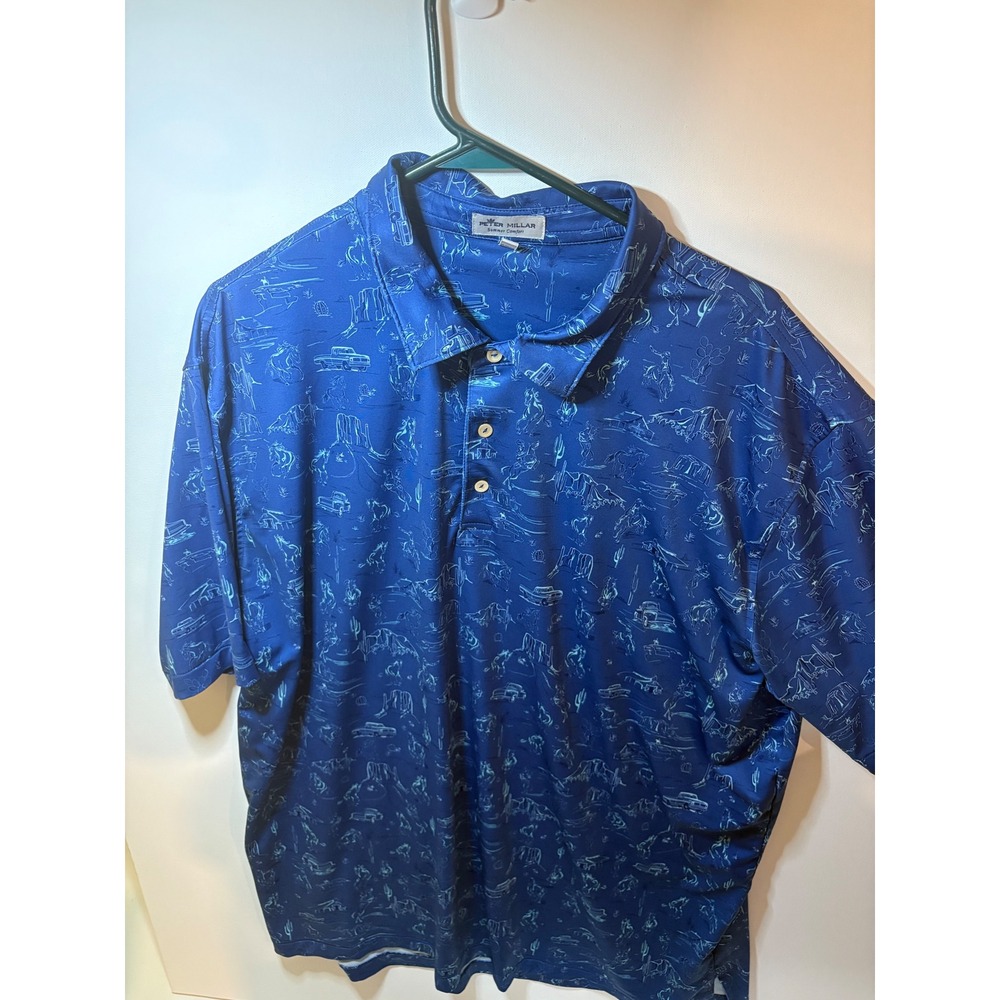 Peter Millar Golf Polo Men 2XL XXL Blue Cowboy Outlaw Truck Cactus Desert Ranch